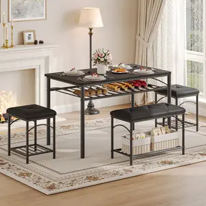 Dining Table Set for 4 with Upholstered Benches and 2 Stools, Modern Space Saving Kitchen Breakfast Table, Ideal for Small Kitchens, Apartments, Studios, and Compact Living Spaces