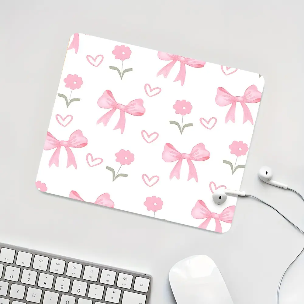 Watercolor Pink Bow Flower Gentle Square Mouse Pad, Computer Mouse Pad, Non Slip, Gentle Healing Desktop Decoration Protection Pad, Suitable For Laptop Desktop Games Work, Gift For Family And Friends, Computer Accessories For Desk