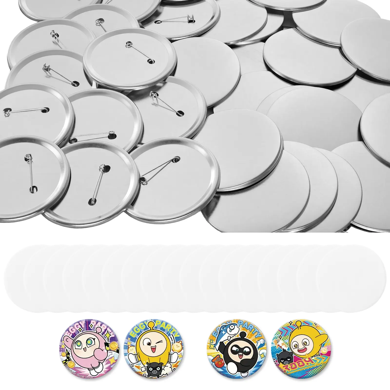 VEVOR Button Maker Supplies 100 Sets 2.95 in / 75 mm Pin Back Button Parts, with Metal Backs, Metal Shells, Clear Mylar Films, and Blank Circle Papers, for Home DIY, School Events, and Custom Studio