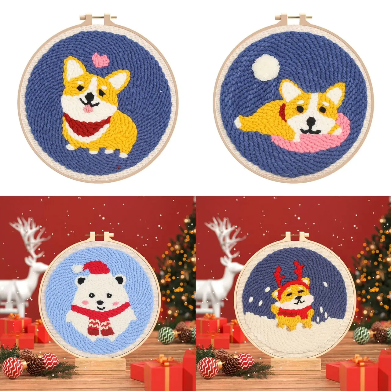 Punch Needle Embroidery Starter Kit for Beginner Handcraft Cartoon Rug Hooking Beginner Embroidery Kit Handwork With DIY Material Kit Set(Pets)