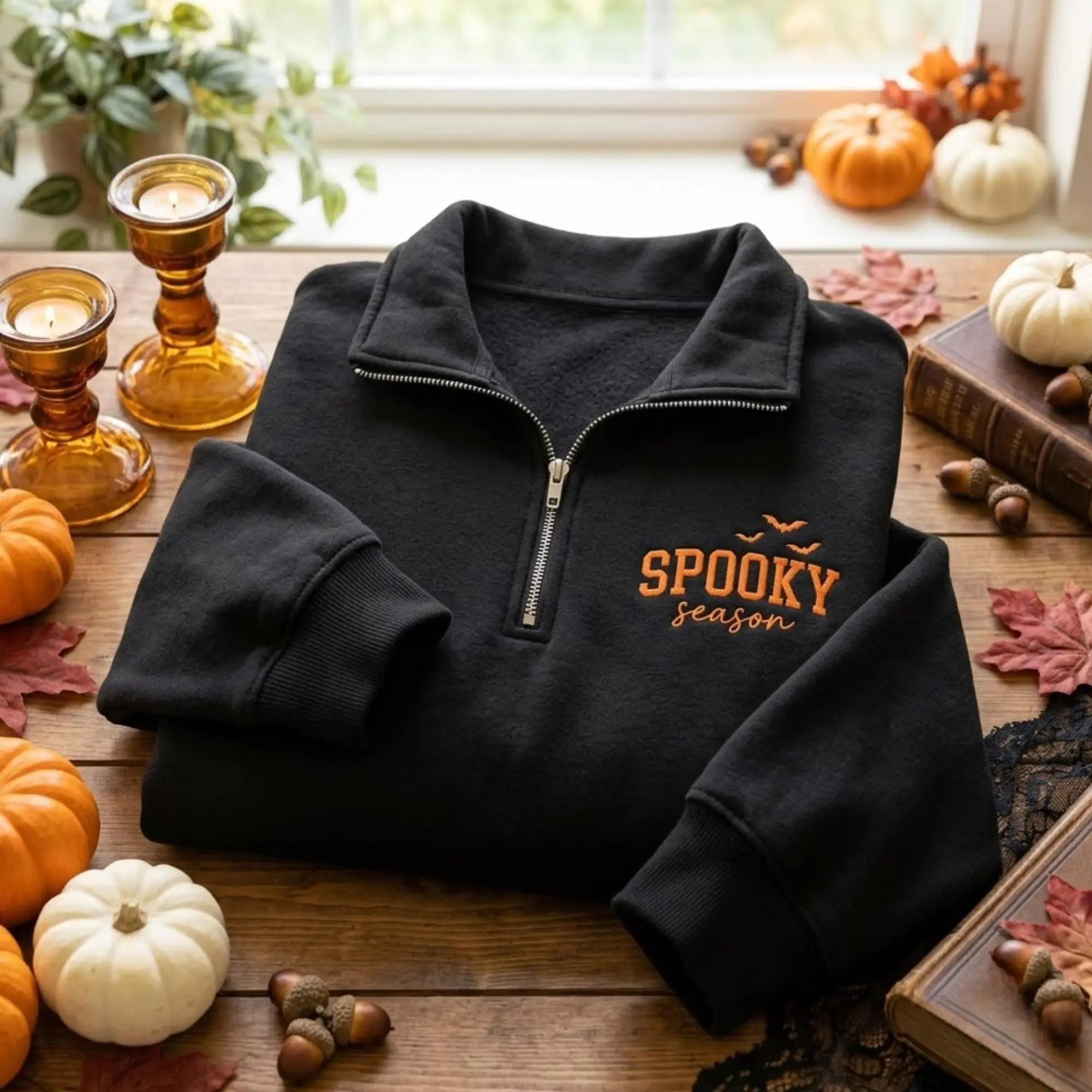 [Made in US] Embroidered Spooky Season Quarter Zip Sweatshirt Halloween Crewneck