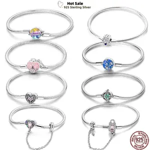 Round Bracelets Heart Star Moon Clover Snake Chain Charms 925 Silver 17-20 Bracelet Women Fit OriginalJewelry Birthday Fine Gift