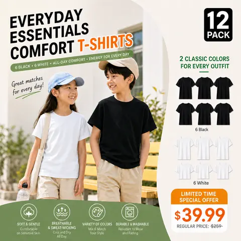 Kids' 12-Pack 100% Cotton Basic Classic Crew Tees - Breathable Fabric Shirt, Low Stretch, Cold Wash, All Seasons Everyday Essentials for Boys/Girls (Sizes 4-5y,12y,13y,12 White)