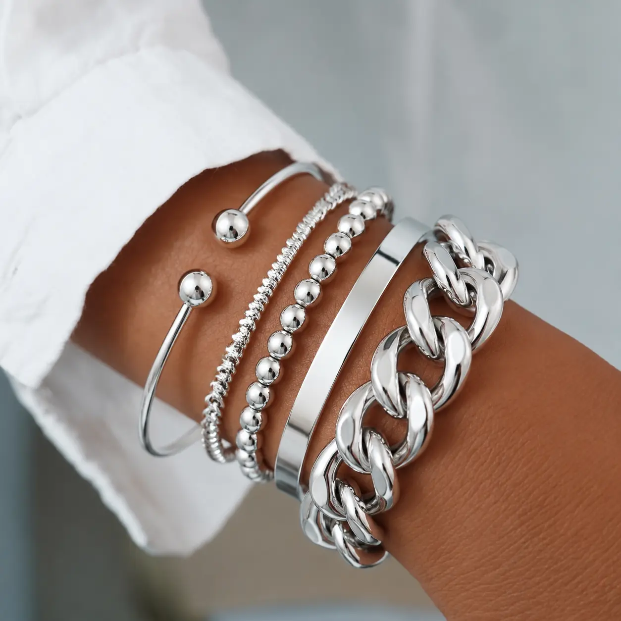 Alloy Bracelets for Women, 5PCS Chunky Stackable Bangles, Waterproof Tarnish Free Silvery Jewelry, Permanent Bracelet Set, Summer Accessories Gifts for Her