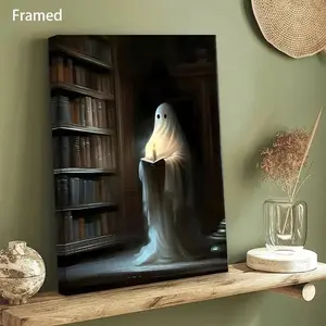 2D Flat, 2D Flat, 1pc of Room Decoration Featuring a Ghost with a Candle in a Framed Canvas Poster, Perfect for Creating a Spooky Atmosphere. This Woven Material Art Print Is Suitable for Various Spaces Such As The Office, Kitchen, Living Room	