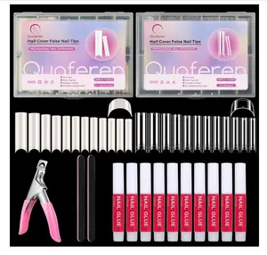 480PCS Extra Long C Curve Nail Tips and Glue, 2 Packs Natural and Clear Acrylic for Nails Professional Set, 12 Sizes Artificial Straight Square French False Nail Tips