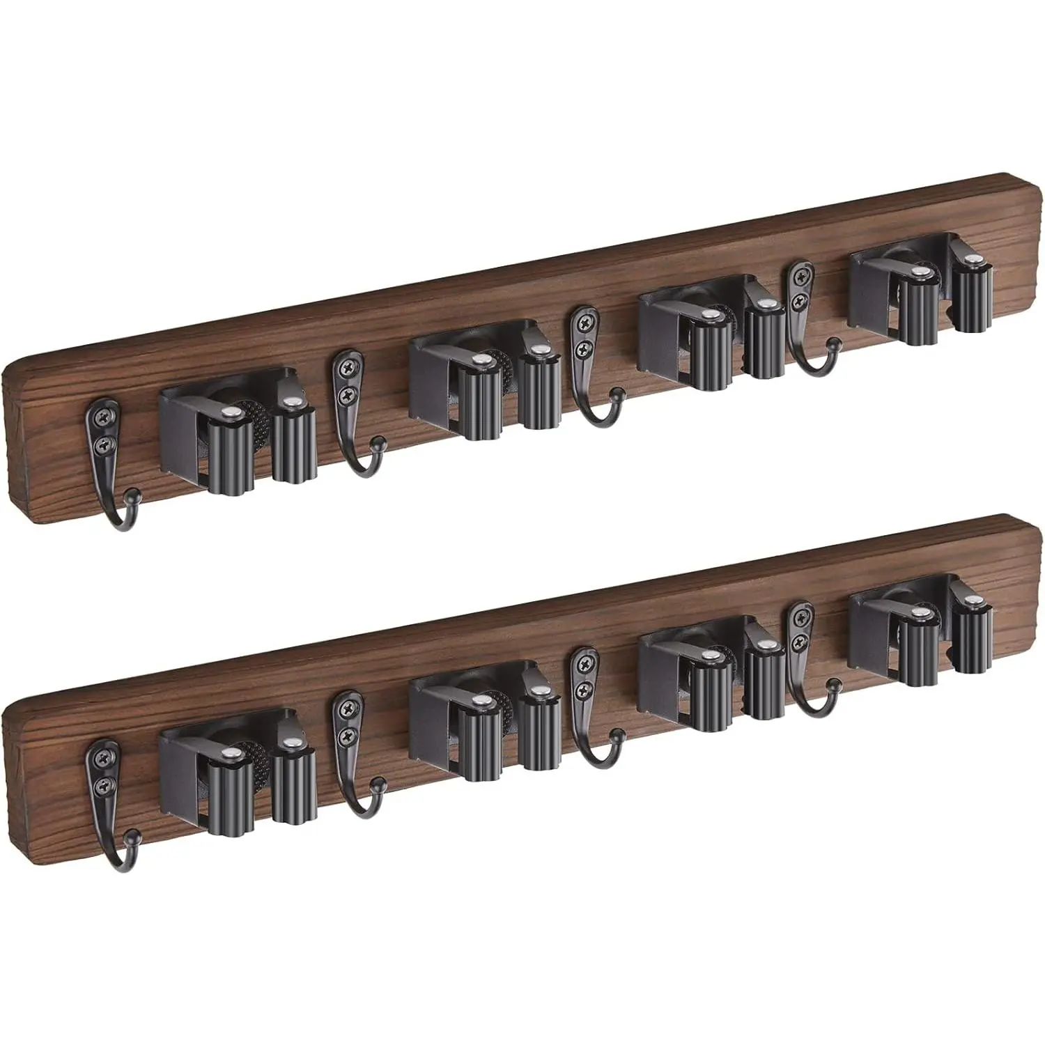 2 Pack Mop Broom Holder Wall Mount - Wood Broom Mop Hanger - Wall Mounted Garden Tool Rack Organizer for Closet Garage Laundry Room Farmhouse Rustic Kitchen Decor With 4 Slots & 4 Hooks