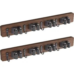 2 Pack Mop Broom Holder Wall Mount - Wood Broom Mop Hanger - Wall Mounted Garden Tool Rack Organizer for Closet Garage Laundry Room Farmhouse Rustic Kitchen Decor With 4 Slots & 4 Hooks