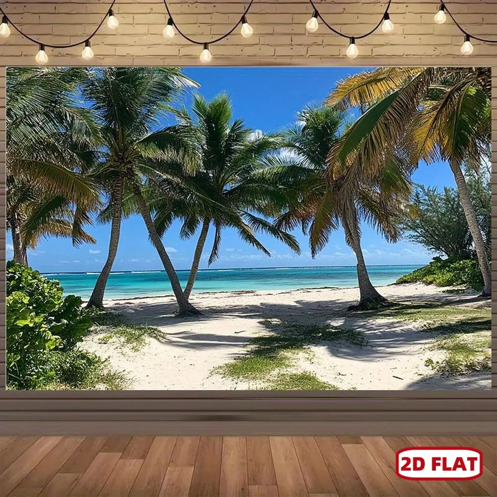 1pc 2D Flat Polyester Beach Backdrop - Durable, No Electricity Needed, Vibrant Palm Trees & Ocean Scene - For Summer Parties, Island Weddings - Multi Booth Decor, Wedding Banner Ornament