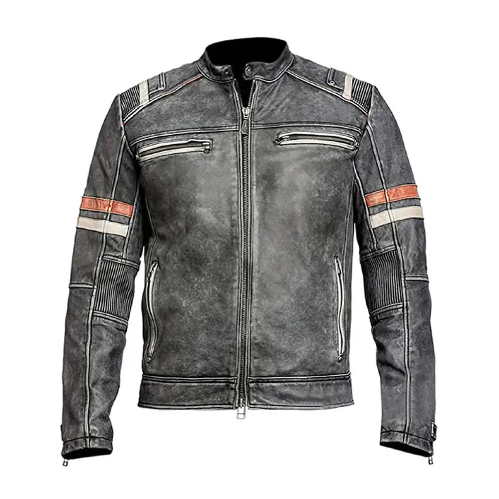 Cafe Racer Vintage Biker Distressed Gray Motorcycle Leather Jacket by Hide Crafts