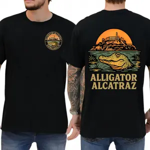 Shortsleeve Round Neck Alligator Alcatraz Graphic Tee - Funny Retro Florida Gator Prison Shirt, Dark Humor Menswear Gift for Men