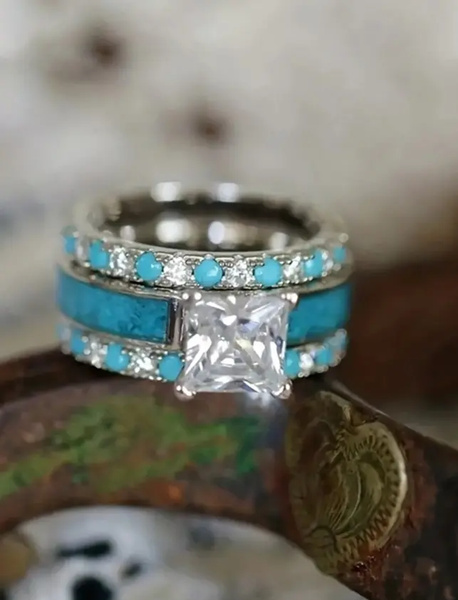3 PCS Blue Turquoise Ring Set – Simple European and American Style Engagement & Fashion Rings for Women