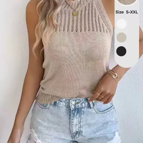 Women's Sleeveless Knit Sweater, Casual Basic Plain Design Minimalist Oversized Loose Fit, Summer & Spring Fashion, Hollow Out Round Neck, Elegant Thin Lightweight Top, Vest Top