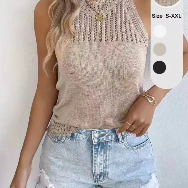 Women's Sleeveless Knit Sweater, Casual Basic Plain Design Minimalist Oversized Loose Fit, Summer & Spring Fashion, Hollow Out Round Neck, Elegant Thin Lightweight Top, Vest Top