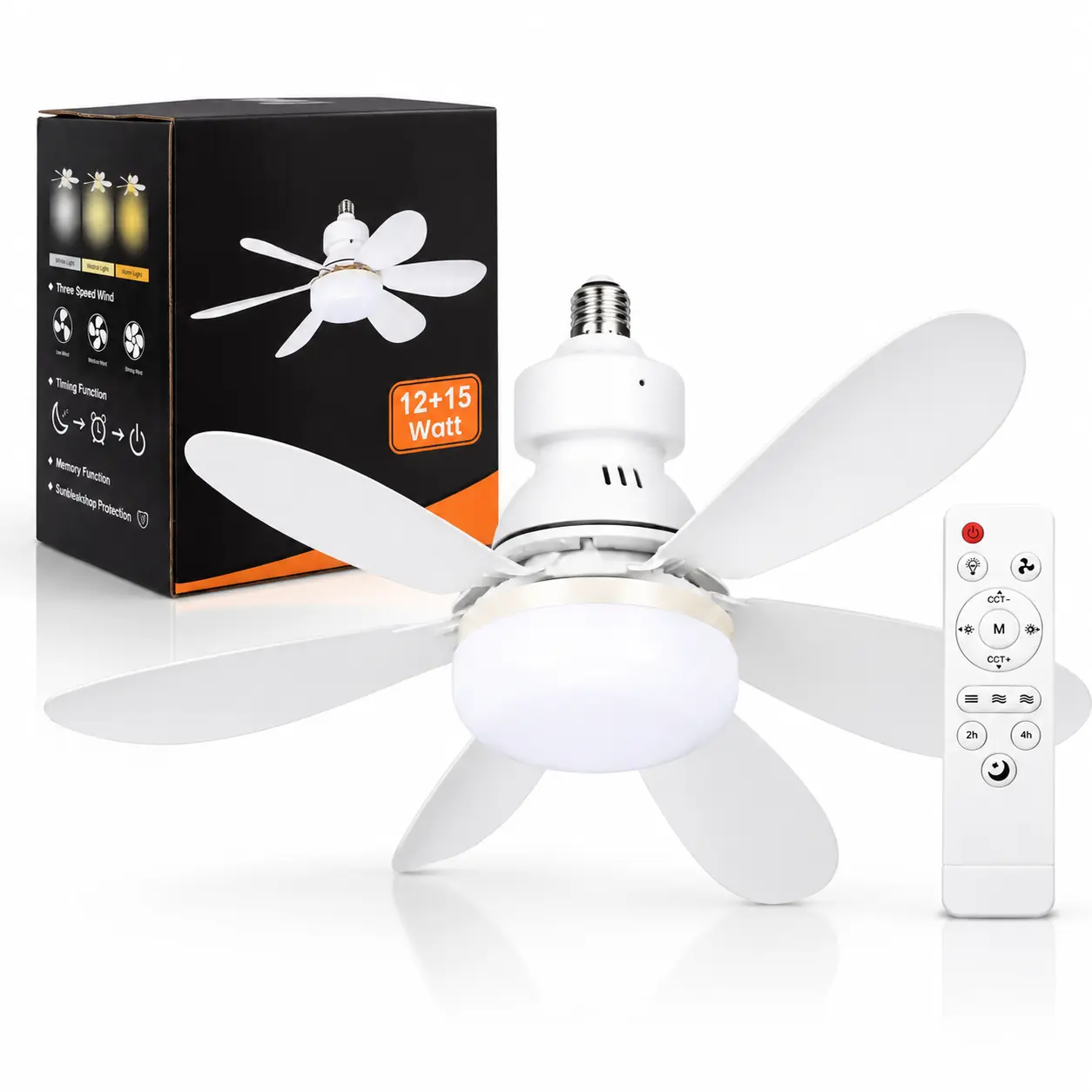 Ceiling Fan Light with Remote, E26/E27 Screw-In Fan Light, 3-Speed Fan, Dimmable LED, Adjustable Brightness for Bedroom, Living Room & Kitchen Control