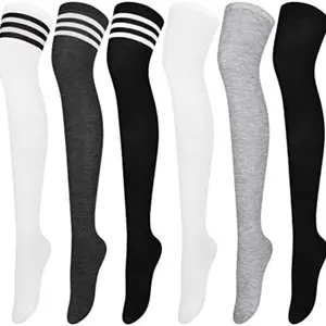 Women's 6 Pairs Mixed Color Knee-High Warm Socks, Striped Over-Knee Thigh Socks, Leg Warmers for Boots