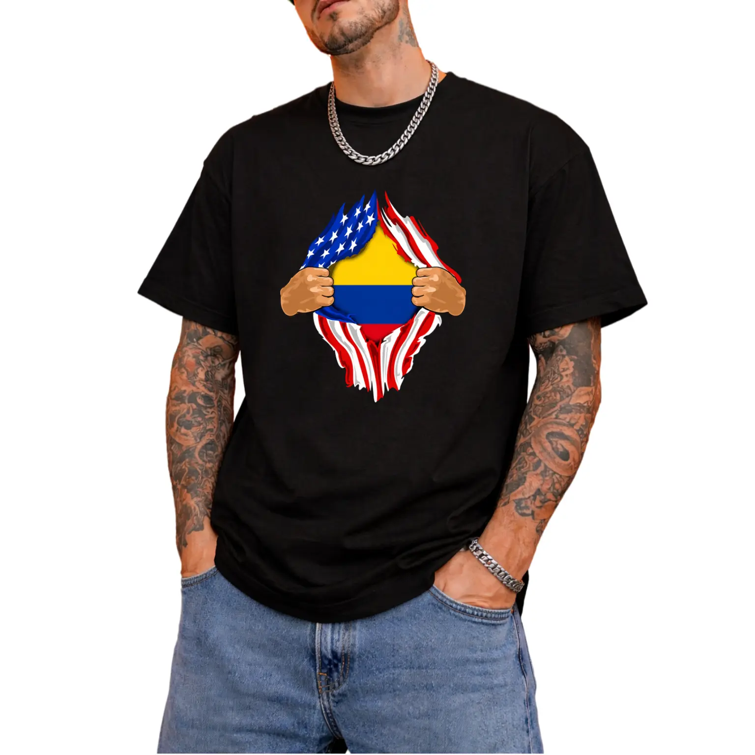 100% Cotton Short-Sleeve Round Neck Vintage Everyday T-Shirt - Distressed Graphic, Colombian Blood Inside Me Design, Colombia Flag Gift Clothes