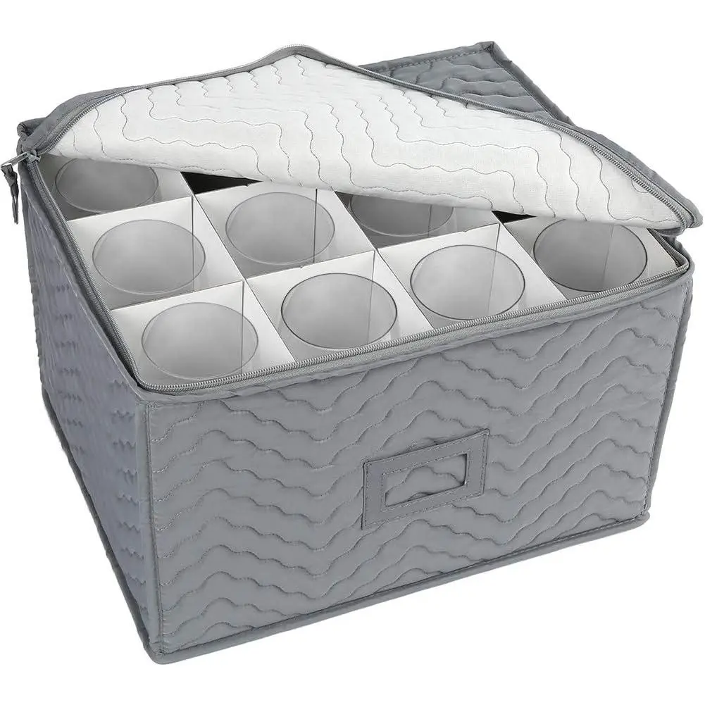 Stemware Storage Container - Deluxe Quilted Storage Case with Dividers for 12 -  Glasses, Champagne Flutes, Glassware, Drinkware Storage Box Chest, 15.5"x12.5"x 10", Gray