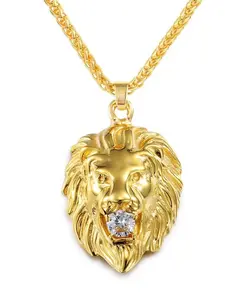 Hip Hop 3D Gold Plated Lion Head With Crystal Bead Pendant Necklace For Men Animal Jewelry