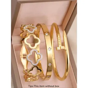 Women's Stainless Steel Bangle Bracelet Set, Chain & Flower Design Jewelry, Perfect Gift for Mom, Mother's Day, Birthday, Party Wear