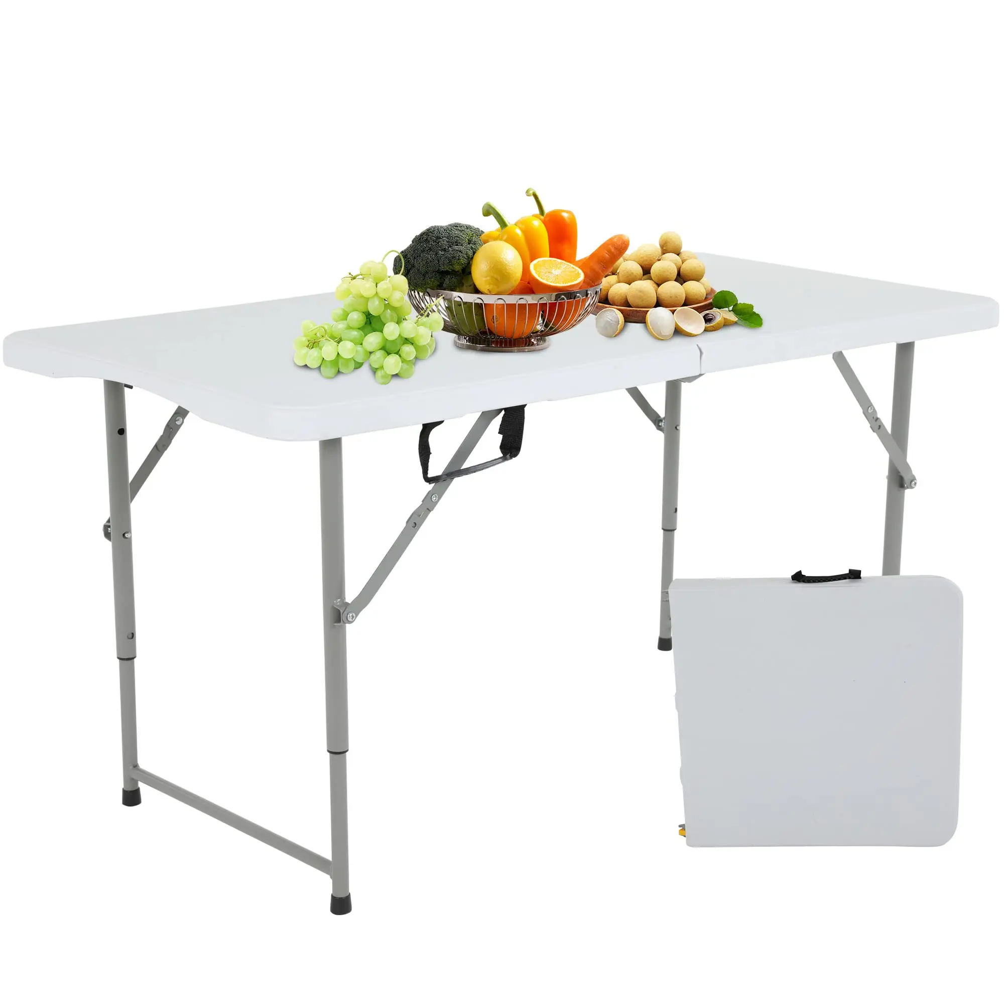 Heavy-Duty Fold-in-Half Plastic Folding Table - 4ft Wide White Rectangle, Adjustable Height, Built-in Handle, Storage, 3.5cm-Thick, 24x23.6x2.8 in, 220lbs Capacity, Quick Setup, 4-6 People, Camping/Family Game Night Indoor/Outdoor Furniture
