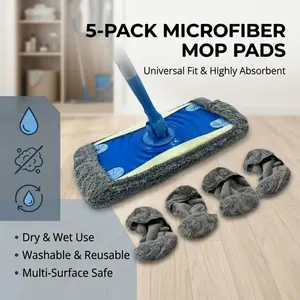 5-Pack Microfiber Mop Replacement Pads, Universal Fit Washable & Reusable Refill Heads, Super Absorbent Wet/Dry Cleaning Cloths, Durable Lint-Free Covers for Hardwood, Tile & Laminate Floors