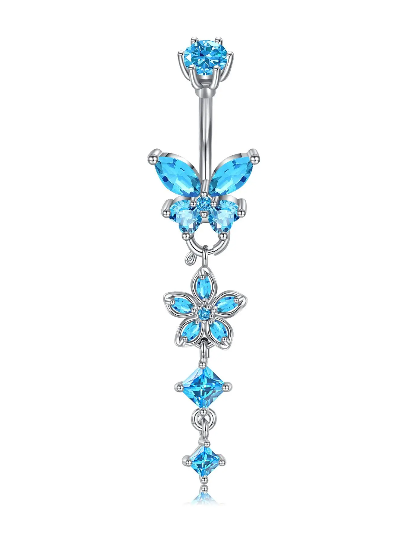 14G Belly Button Ring Cute Butterfly Flower Dangle Design, Stainless Steel Navel Piercing Jewelry for Women, 10mm Belly Button Ring Body Jewelry, Body Jewellery