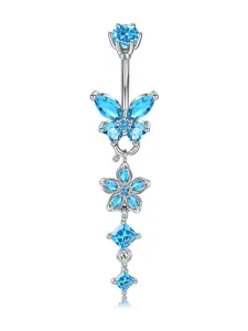 14G Belly Button Ring Cute Butterfly Flower Dangle Design, Stainless Steel Navel Piercing Jewelry for Women, 10mm Belly Button Ring Body Jewelry