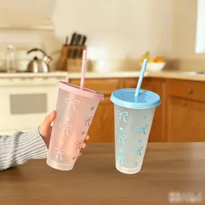 5-Piece Reusable Plastic Cups with Ribbon, Lids, and Straws, Transparent, Ideal for Beverages, Parties, Office, Outdoor Use