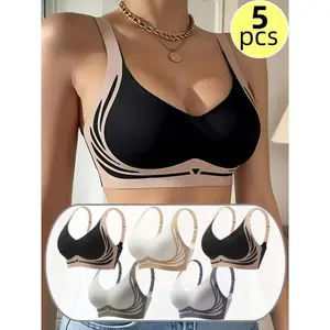5pcs Women'S Seamless Wireless Bras- Comfort Thin Design, Full Coverage Lift& Support, Contrast Color, Cool-Touch Nylon, Hand Wash/Dry Clean, Reinforced Structure, Elegant Neckline(Raincoats)