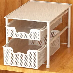 Stackable 2 Tier Sliding Basket Organizer Drawer, White Kitchen