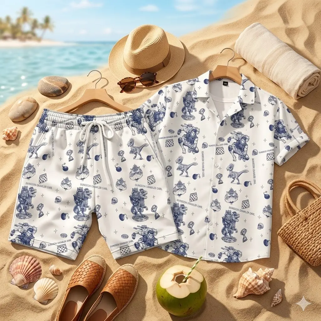 Dungeon Crawler Carl Hawaiian Shirt Shorts Set Fantasy RPG Warrior Raptor Skull Dice Trophy Sketch Navy Blue Matching Casual Loose Summer Beach Outfit Men Women