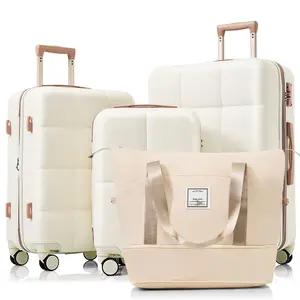 Luggage Sets 4 Piece 20-inch with USB Port Expandable ABS Durable Suitcase with Travel Bag Cup Holder ABS Hard Shell Luggage with Spinner Wheels beige
