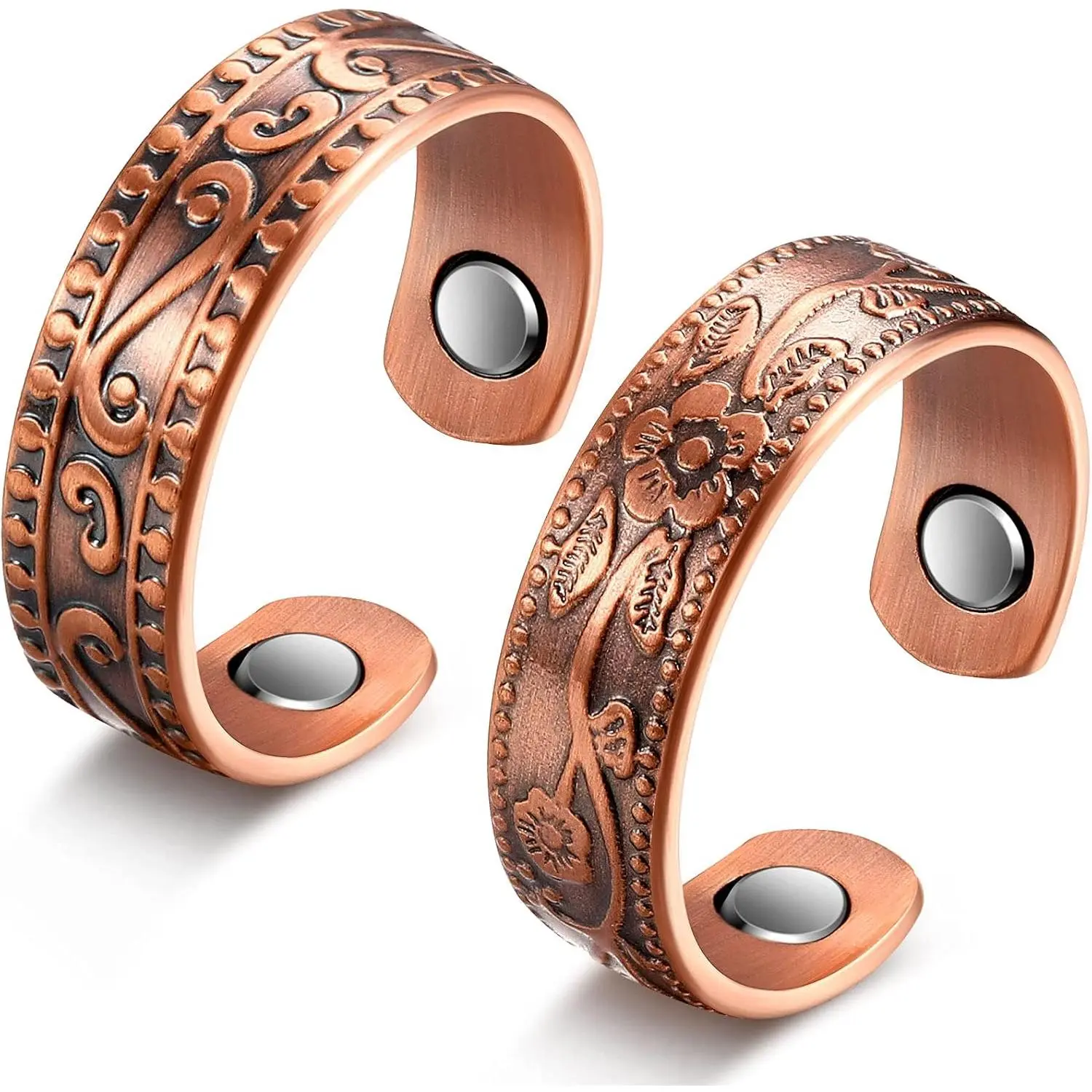 2-Pack Magnetic Copper Rings for Women and Men, Vintage Flower Engraved and Adjustable for Pain Relief and Relaxation, Promotes Relaxation, Unisex Fit, 0.24 Inch, Magnetic Therapy, Casual, Open Size