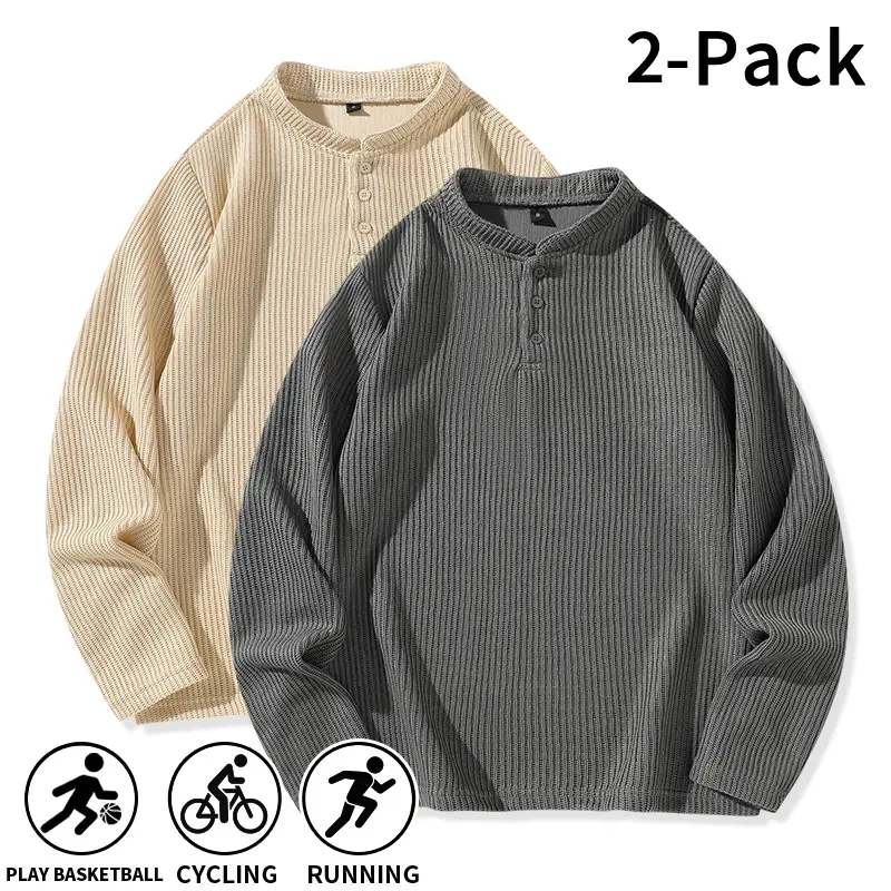 Two-piece set of casual waffle-knit Henley-neck pullover sweaters for autumn and winter, suitable for sporty streetwear and commuting outfits