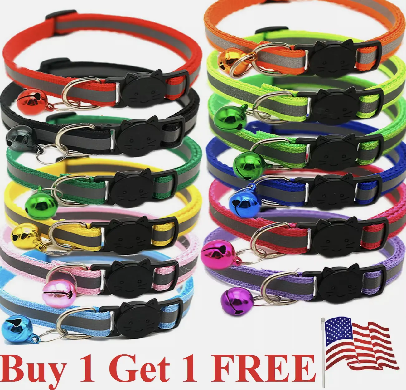 Reflective Breakaway Nylon Safety Collar with Bell for Cat Kitten adjustable