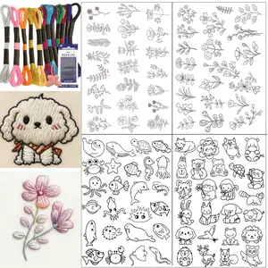 Cute Animal & Floral Embroidery Design Sticker Set, DIY Self-Adhesive Water-Soluble Fabric Paper, Includes 12 Colors Metal Threads & 16 Needles, Embroidery Kit