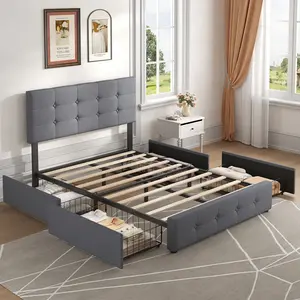 Pholstered Bed Frame with 4 Storage Drawer, Adjustable headboard, No Box Spring Needed