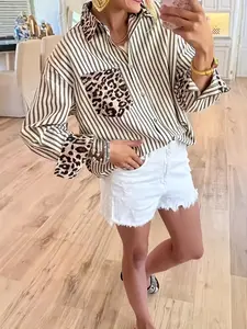 Loose Striped Button Shirt, Leopard Print Pocket & Sleeve Patch, Casual Long Sleeve Top 8511, Stylish and Comfortable Clothing