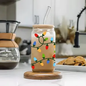 Fashion Tangled Christmas Lights Design 16oz Glass Tumbler with Lid & Straw, reusable glass drinking cup, high-quality glass jar , suitable for iced coffee, beer, juice, milk, cold drink glass cups, fashionable glassware.Perfect gift for coffee lover