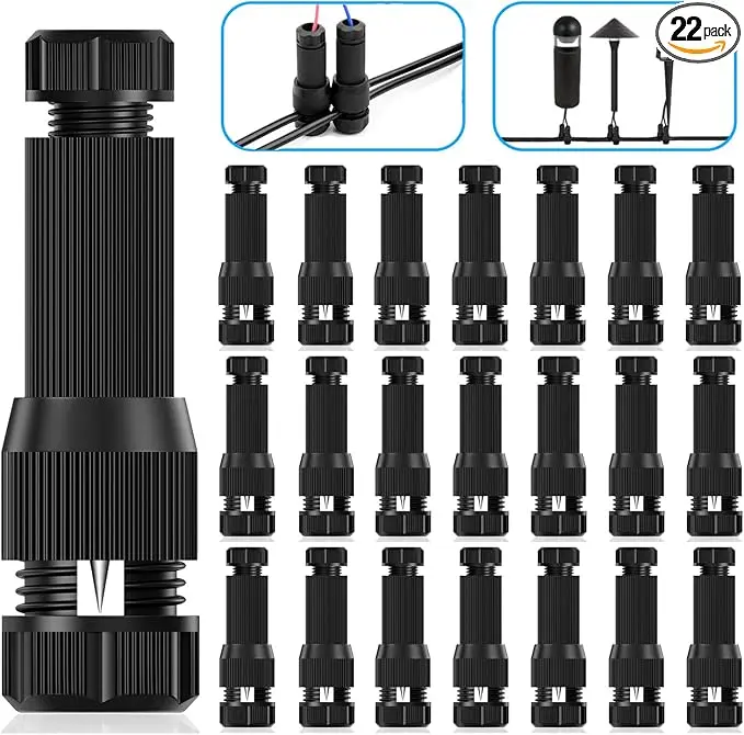 22-Pack Low Voltage Waterproof Landscape Light Cable Connectors – 12-20 Gauge Wire Connectors for Landscape Lighting, Path Lights & Garden Fixtures – Rustproof Quick-Connect Terminals for Outdoor Wiring