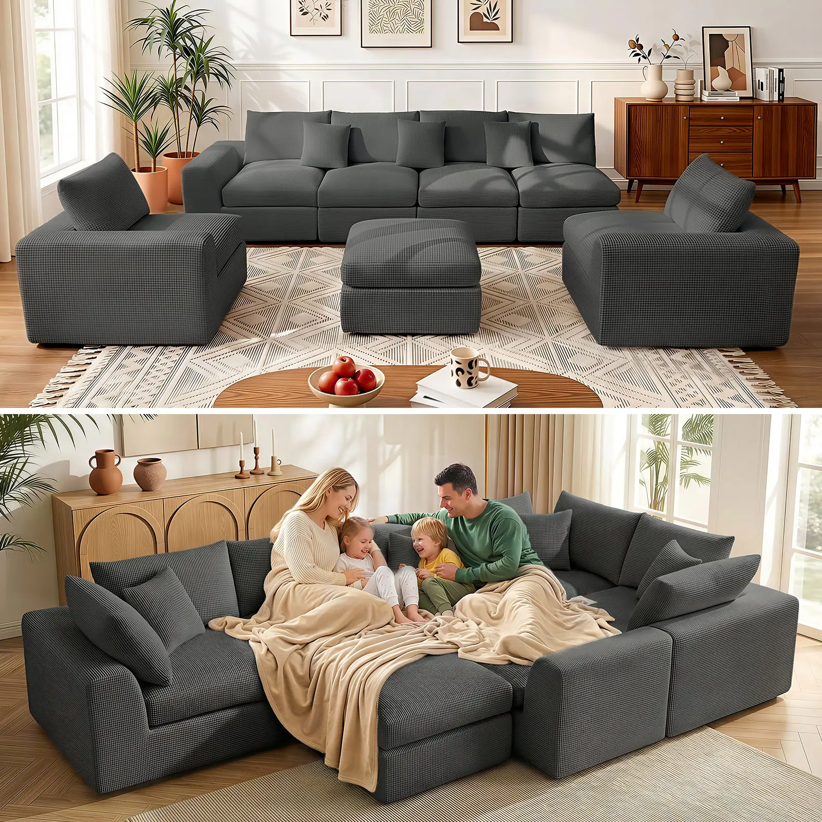 PKBD Oversized Cloud Sectional Couches for Living Room L/U-Shaped Convertible Sofa 7-Seat Modular Boneless with Movable Ottoman Tool-Free Assembly Family Pet-Friendly Soft Corduroy Comfort