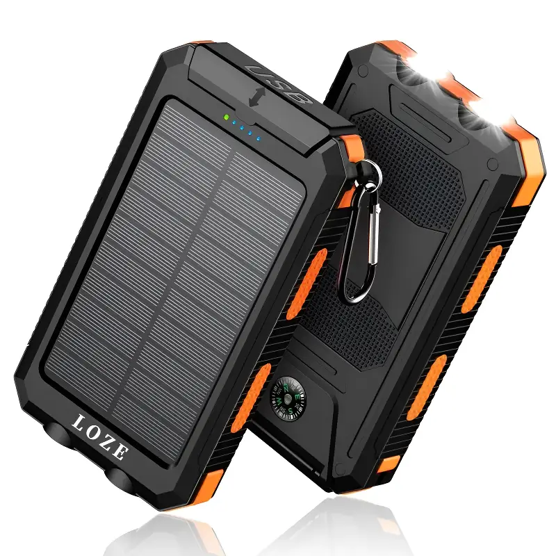LOZE Solar Charger Power Bank 10000mAh Solar Phone Charger, Portable Charger Fast Charger Dual USB Ports Built-in LED Flashlight and Compass, IP65 Wat