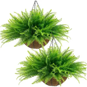 Fake fern plant basket, 2 artificial hanging plants, 2 hanging flower pots, with 24 leaves, suitable for indoor and outdoor decoration of front porch, garden, balcony, courtyard and home decoration (2, light green)