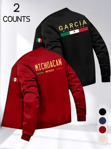 Men's Mexican Michoacan Theme Baseball Jacket Set, Classic Baseball Neck Design, Zip Pockets, Long Sleeve, Fall & Winter Fashion