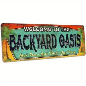 Vintage Style Backyard Oasis Aluminum Welcome Sign Retro Tropical Palm Trees Sunburst For Patio Poolside BBQ Area Decor Plaques