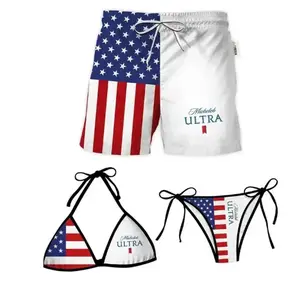 Patriotic 2-Piece Matching Couple Swimwear Set - USA Flag Stars and Stripes Bikini, Mesh Shorts - Beach Outfit Gift for Couples