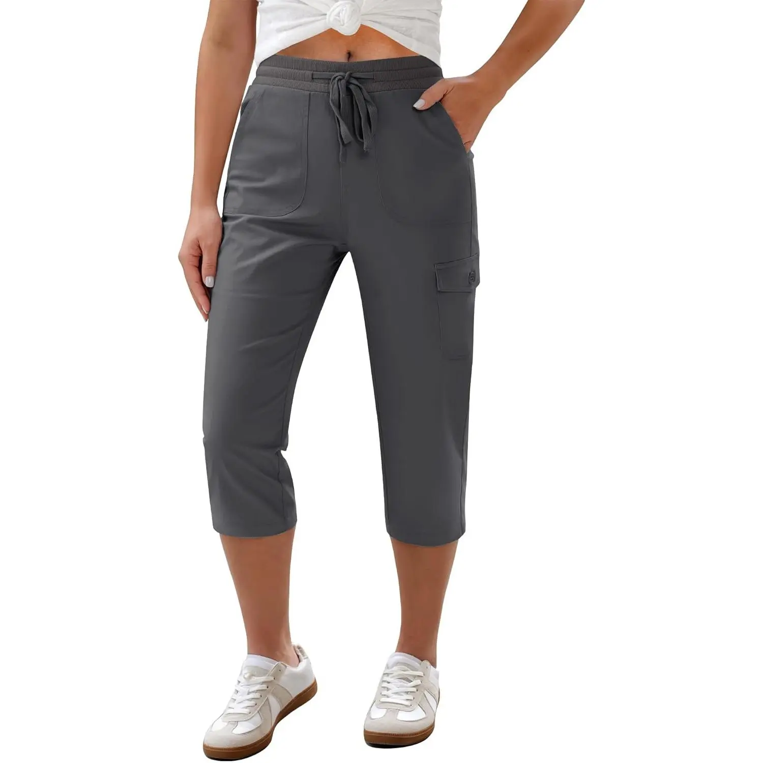 GRAPENT Women's High-Waist Cotton Blend Capri Length Casual Joggers - Drawstring Waist, Pull-On Tapered Cut Chino Bottoms with Pockets, True-Size Lightweight Summer Sports Pants