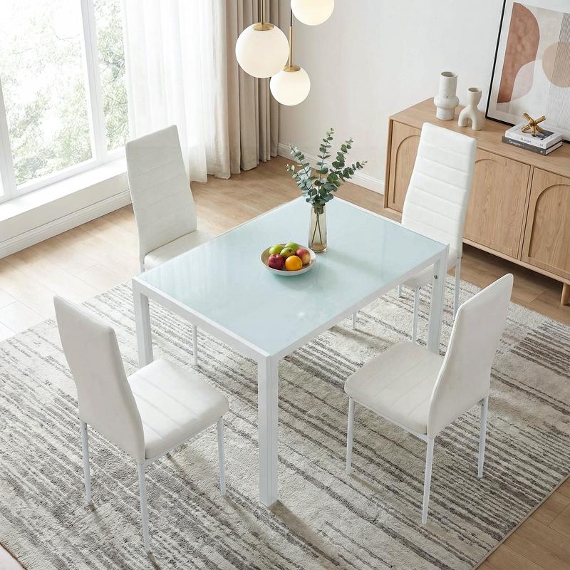 【TiktokShopStockUp】Arlopu 5 Piece Dining Table Set for 4, Tempered Glass Kitchen Table with 4 Upholstered PU Chairs, Space-Saving & Metal Steel Frame Dining Room Set for Home, Kitchen, Dining Room, Small Space