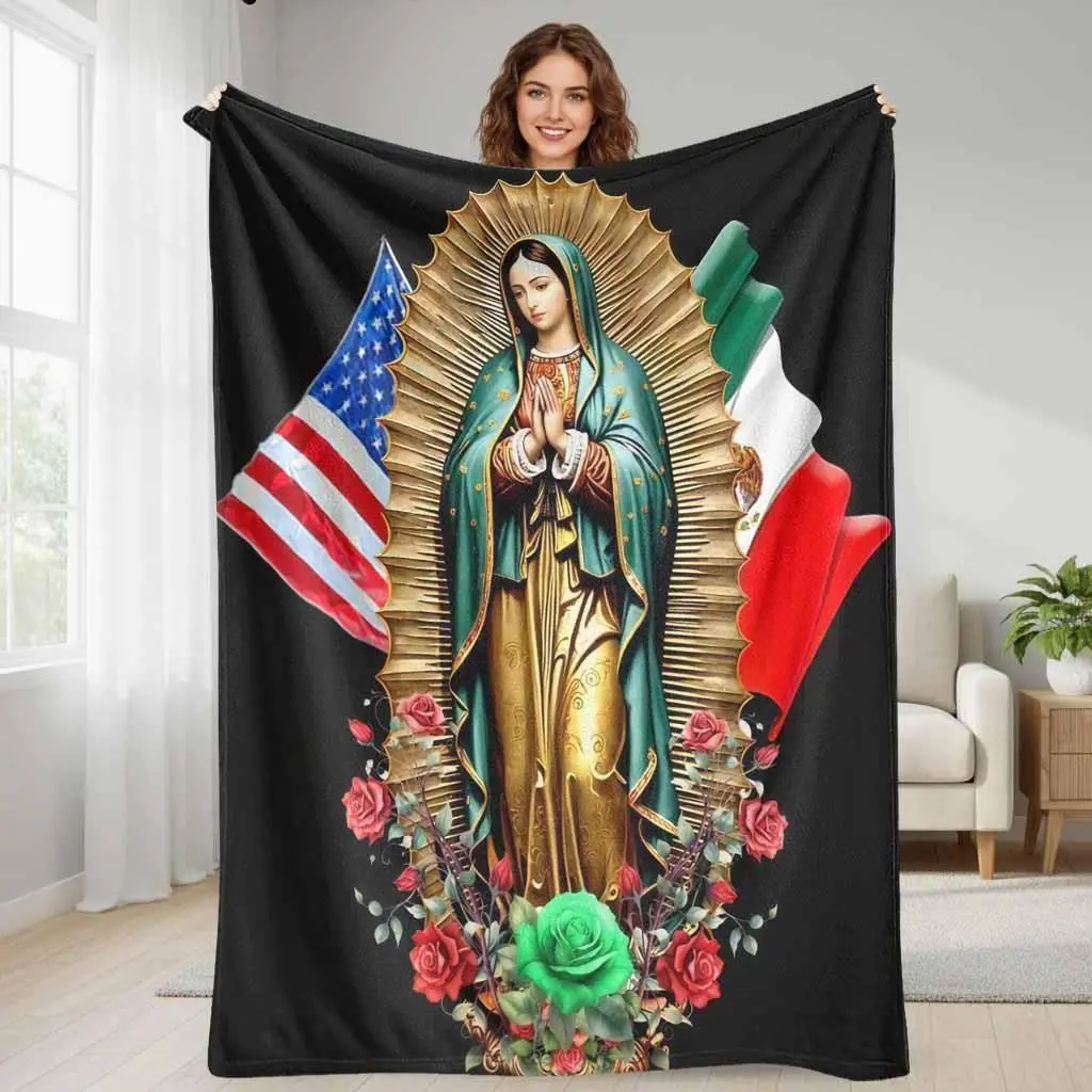 Virgin Mary Flannel Throw Blanket - USA-Mexico Flag Floral Print, Soft Warm Lightweight Cozy, for Bed Sofa, Home Decor, Holiday Gift for Loved Ones